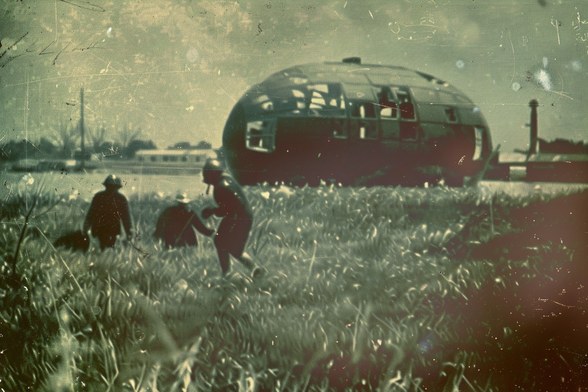 A small group of soldiers advance cautiously on a degraded hemispherical habitat in a rural community