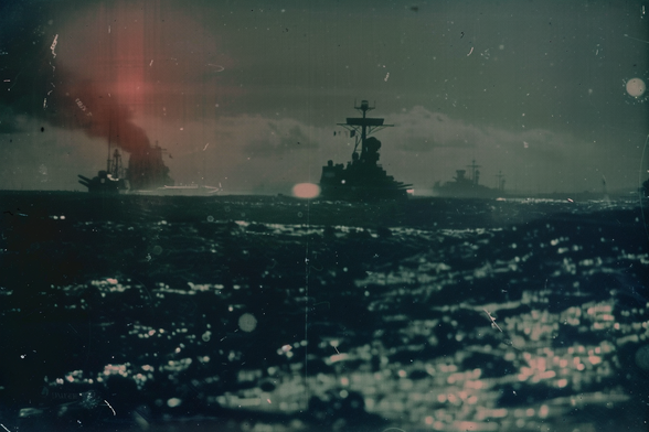 Large warships in rough seas. One is emitting heavy smoke