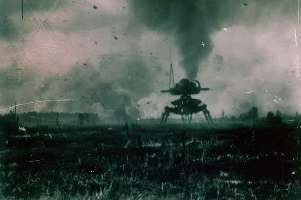 A smoking combat droid in an open field
