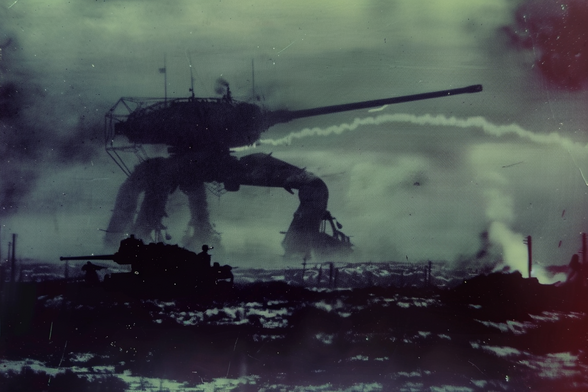A huge five-legged artillery mecha on a smoky battlefield