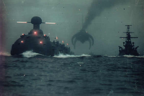 A massive spider-like drone or creature emitting smoke hovers behind a column of hovercraft escorted by a dreadnought