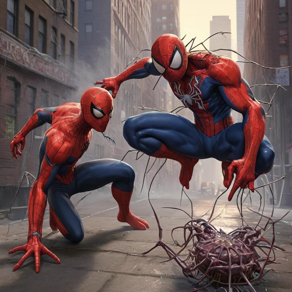 Image with seed 525711487 generated via Stable Diffusion through @stablehorde@sigmoid.social. Prompt: Spiderman vs Manspider 