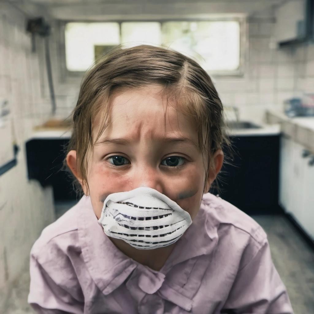 Image with seed 734907616 generated via Stable Diffusion through @stablehorde@sigmoid.social. Prompt: scary kids frightened terrified prison uniform face mask 