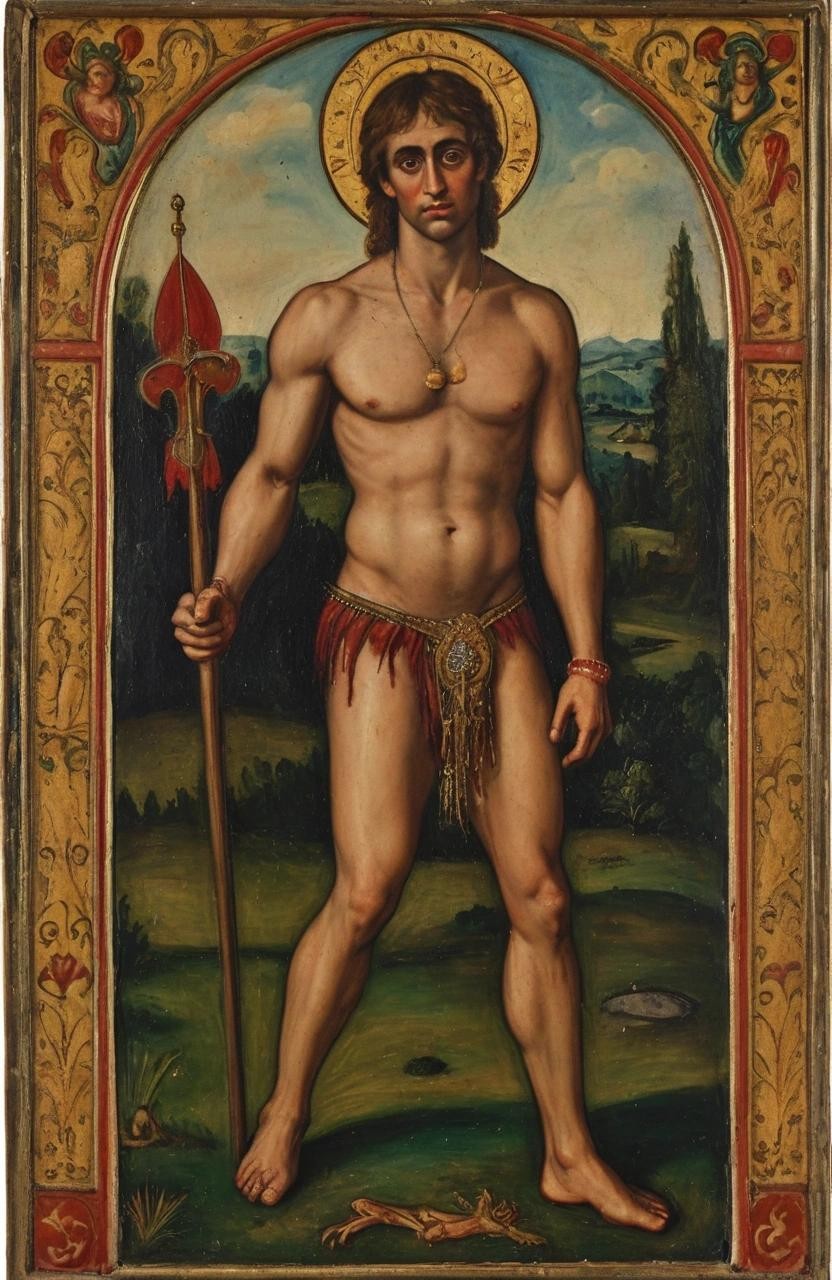 Image with seed 265313950 generated via Stable Diffusion through @stablehorde@sigmoid.social. Prompt: A hand-painted 15th century Visconti-Sforza style Trionfi Tarot card, antique painting of P Diddy as Saint Sebastian, , with name below, detailed painting###photorealistic, cute, modern, simple, anime, plain, vector, lowres, cropped, limneart, cgi, 3d