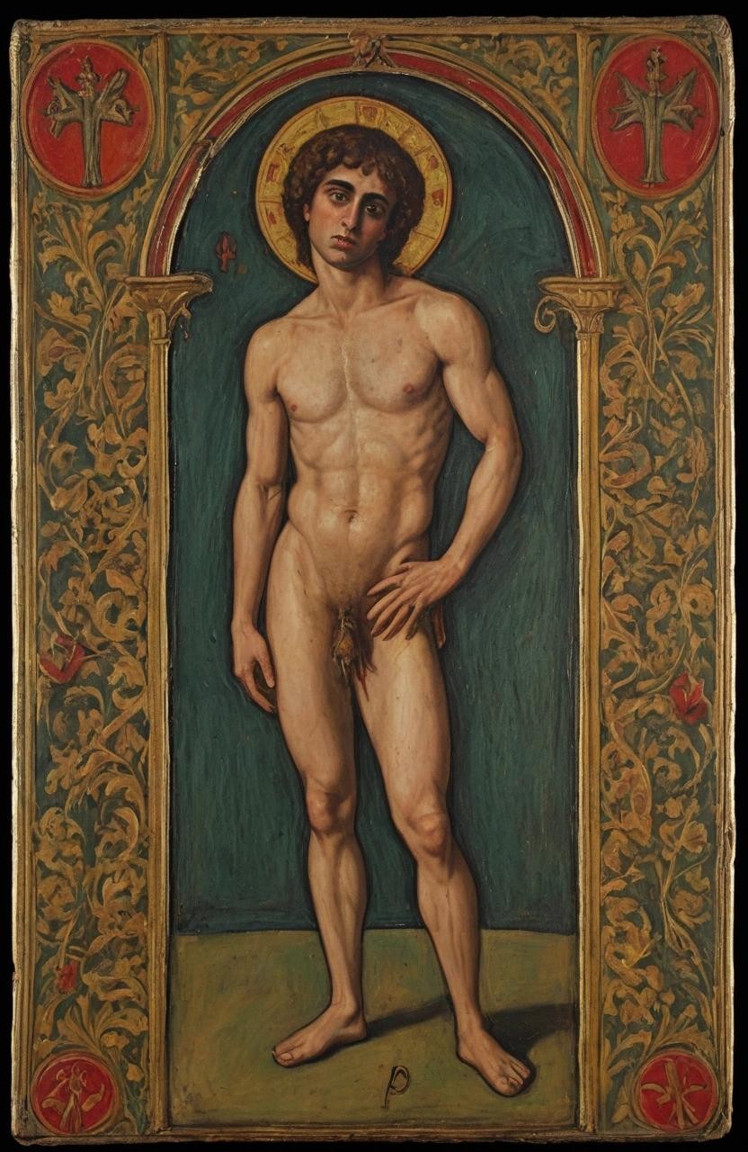 Image with seed 614807778 generated via Stable Diffusion through @stablehorde@sigmoid.social. Prompt: A hand-painted 15th century Visconti-Sforza style Trionfi Tarot card, antique painting of P Diddy, executed like Saint Sebastian, , with name below, detailed painting###photorealistic, cute, modern, simple, anime, plain, vector, lowres, cropped, limneart, cgi, 3d