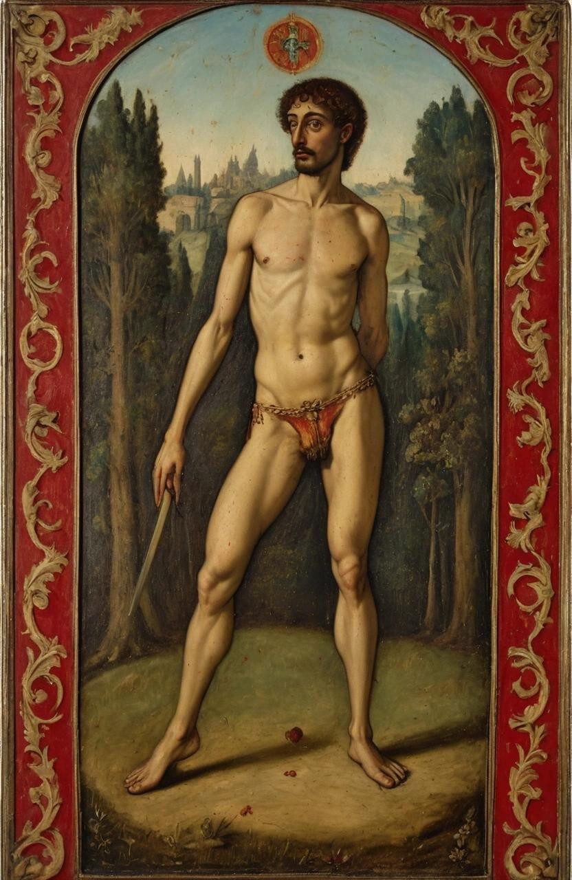 Image with seed 1238175540 generated via Stable Diffusion through @stablehorde@sigmoid.social. Prompt: A hand-painted 15th century Visconti-Sforza style Trionfi Tarot card, antique painting of P Diddy being executed like Saint Sebastian, , with name below, detailed painting###photorealistic, cute, modern, simple, anime, plain, vector, lowres, cropped, limneart, cgi, 3d