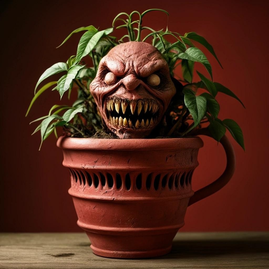 Image with seed 4127719499 generated via Stable Diffusion through @stablehorde@sigmoid.social. Prompt: a man-eating horror plant in a red clay pot 