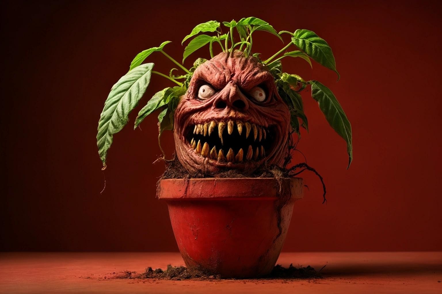 Image with seed 1035851311 generated via Stable Diffusion through @stablehorde@sigmoid.social. Prompt: a man-eating horror plant in a red clay pot 