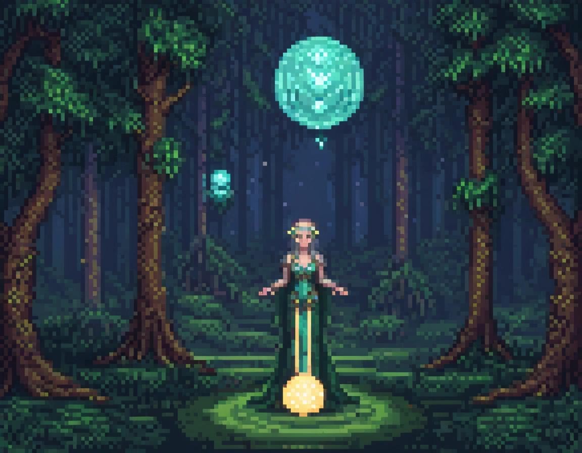 Image with seed 3342002091 generated via Stable Diffusion through @stablehorde@sigmoid.social. Prompt: pixel-art, Elven Priestess standing between two glowing orbs in a magical grove at night , low-res, blocky, pixel art style, 16-bit graphics###sloppy, messy, blurry, noisy, highly detailed, ultra textured, photo, realistic