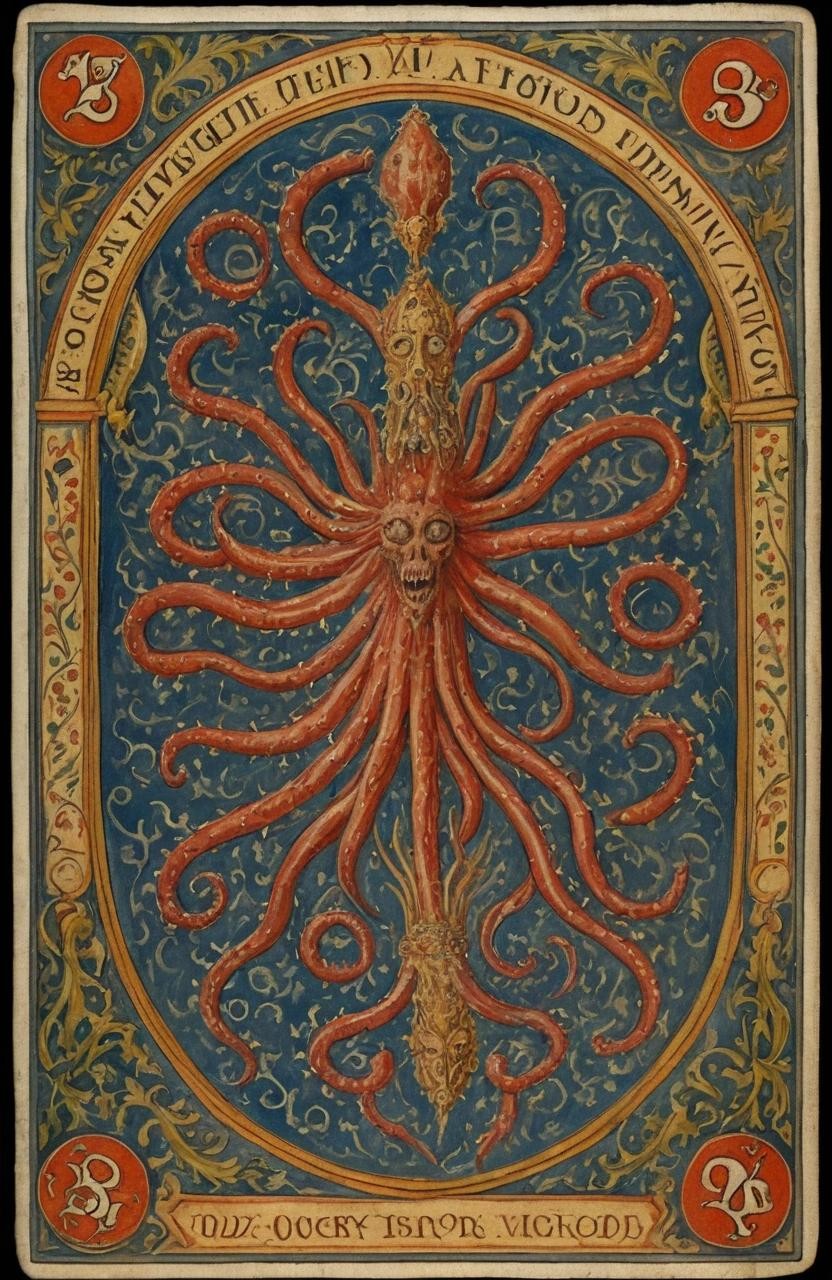 Image with seed 706249653 generated via Stable Diffusion through @stablehorde@sigmoid.social. Prompt: A hand-painted 15th century Visconti-Sforza style Trionfi Tarot card, antique painting of 23 of Tentacles , with name below, detailed painting###photorealistic, cute, modern, simple, anime, plain, vector, lowres, cropped, limneart, cgi, 3d