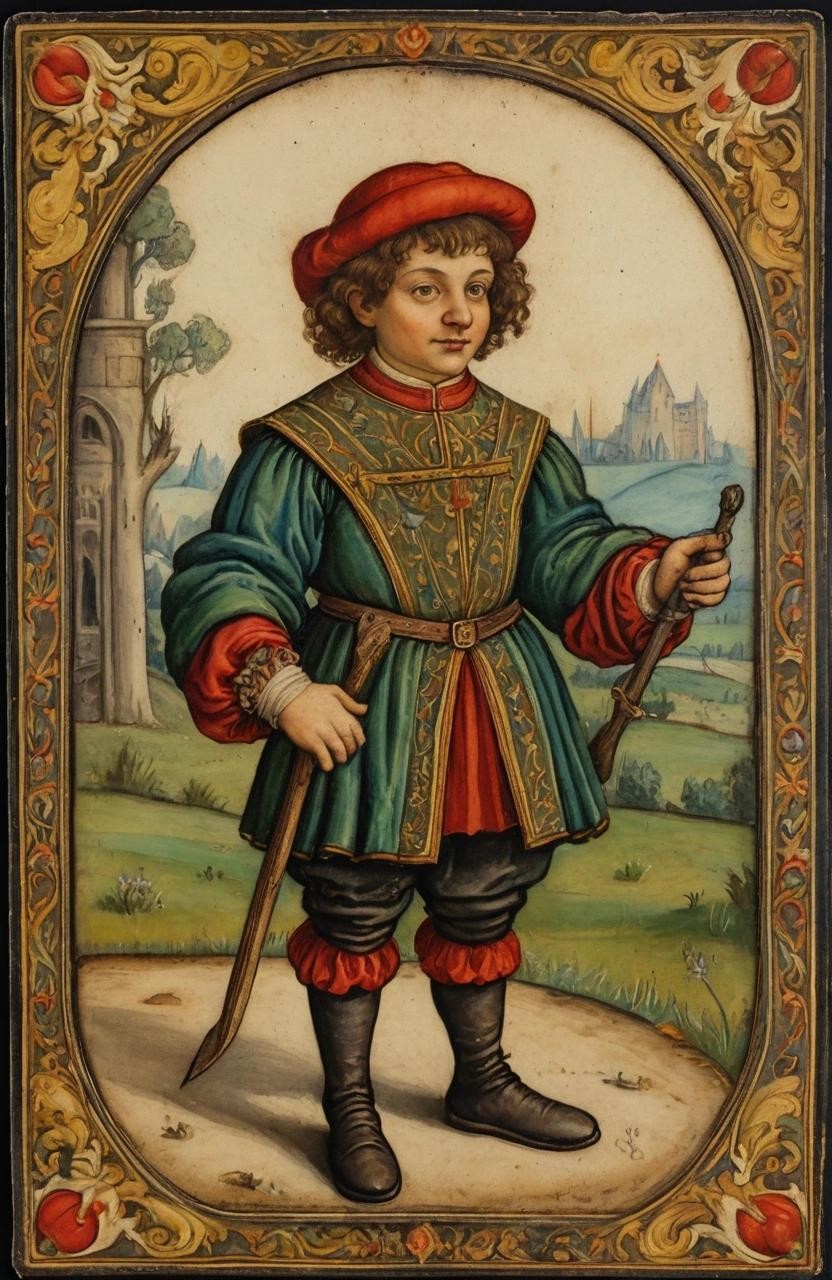 Image with seed 2100510401 generated via Stable Diffusion through @stablehorde@sigmoid.social. Prompt: A hand-painted 15th century Visconti-Sforza style Trionfi Tarot card, antique painting of The Halfling Bard , with name below, detailed painting###photorealistic, cute, modern, simple, anime, plain, vector, lowres, cropped, limneart, cgi, 3d