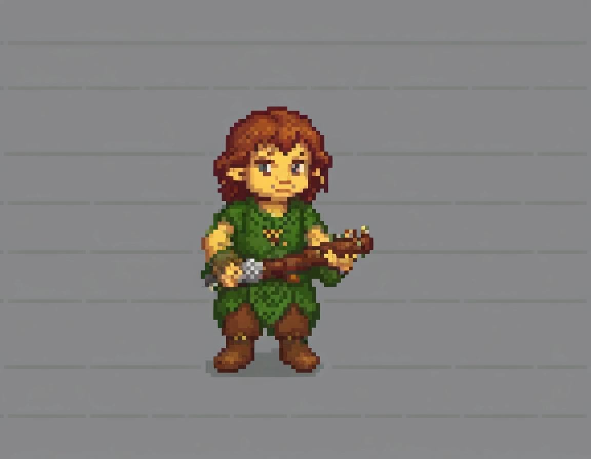 Image with seed 3430646188 generated via Stable Diffusion through @stablehorde@sigmoid.social. Prompt: pixel-art, The Halfling Bard , low-res, blocky, pixel art style, 16-bit graphics###sloppy, messy, blurry, noisy, highly detailed, ultra textured, photo, realistic