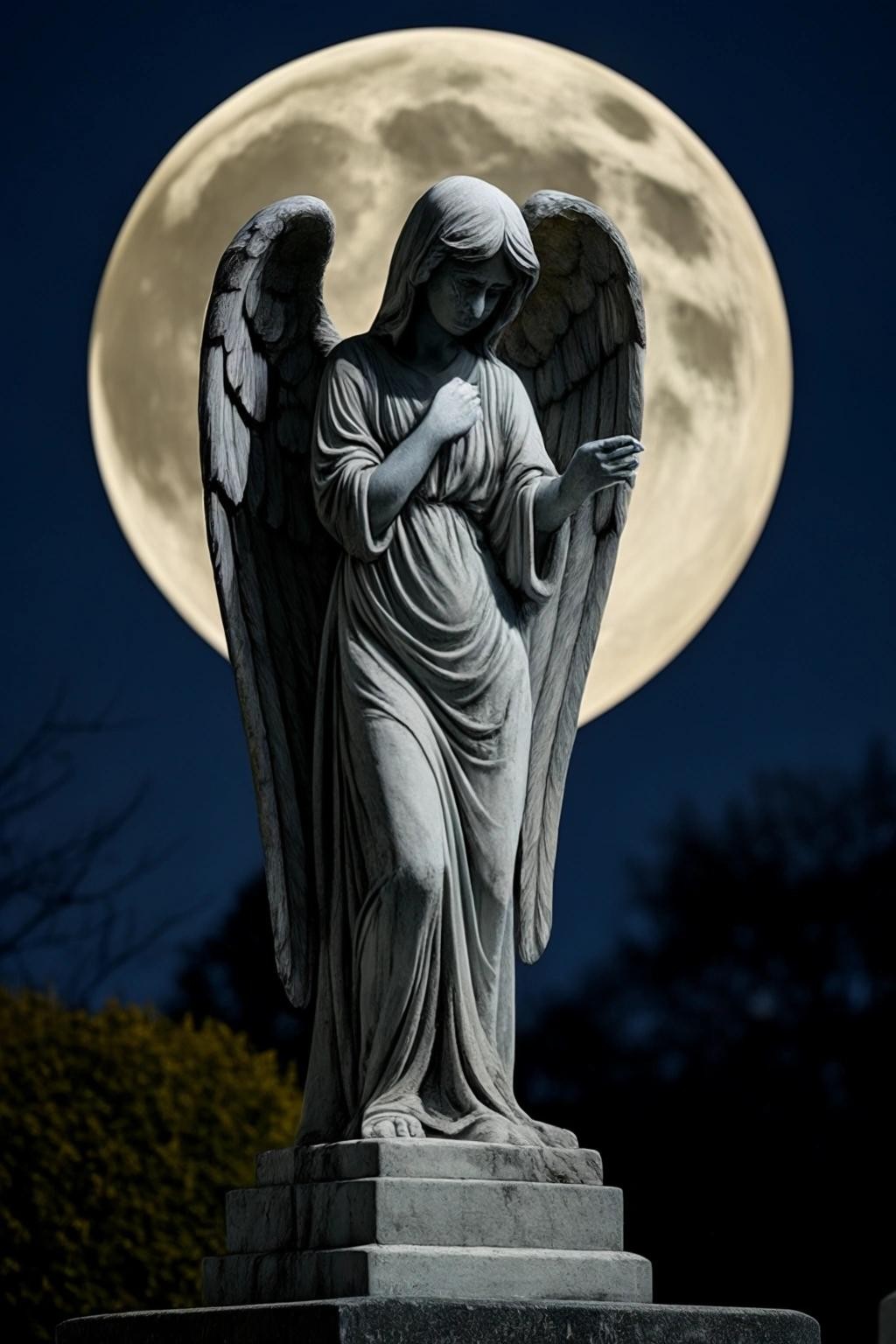 Image with seed 914498968 generated via Stable Diffusion through @stablehorde@sigmoid.social. Prompt: marble statue of a weeping angel in a graveyard under a full moon at night 