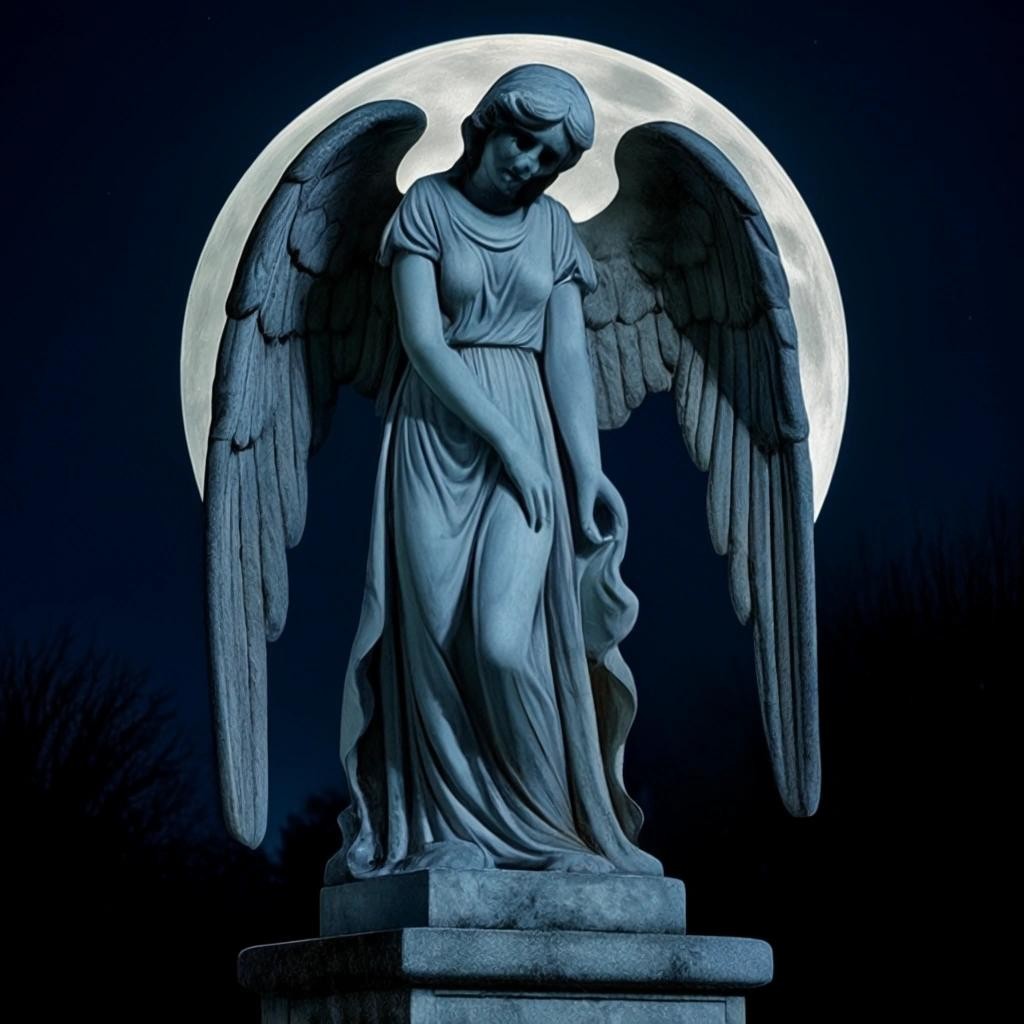 Image with seed 3435883330 generated via Stable Diffusion through @stablehorde@sigmoid.social. Prompt: marble statue of a weeping angel in a graveyard under a full moon at night 
