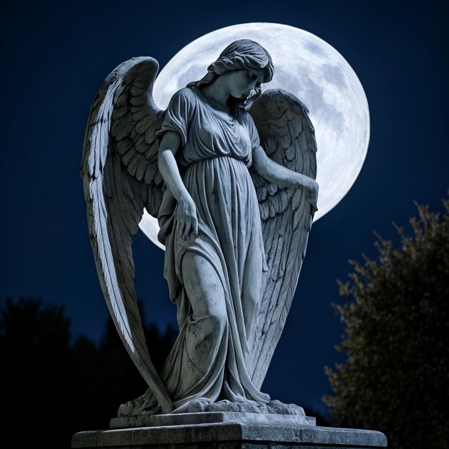 Image with seed 1921263528 generated via Stable Diffusion through @stablehorde@sigmoid.social. Prompt: marble statue of a weeping angel in a graveyard under a full moon at night 