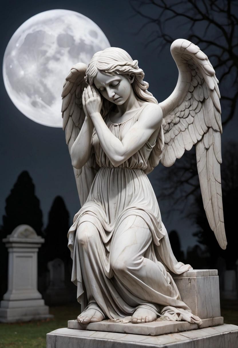 Image with seed 3063400793 generated via Stable Diffusion through @stablehorde@sigmoid.social. Prompt: marble statue of a weeping angel in a graveyard under a full moon at night 
