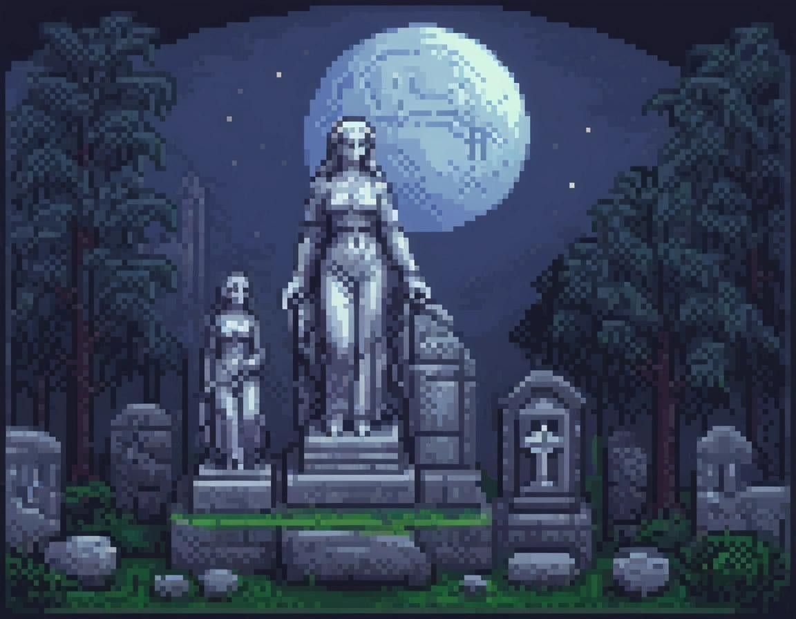 Image with seed 2622585898 generated via Stable Diffusion through @stablehorde@sigmoid.social. Prompt: pixel-art, marble statue of a weeping angel in a graveyard under a full moon at night , low-res, blocky, pixel art style, 16-bit graphics###sloppy, messy, blurry, noisy, highly detailed, ultra textured, photo, realistic