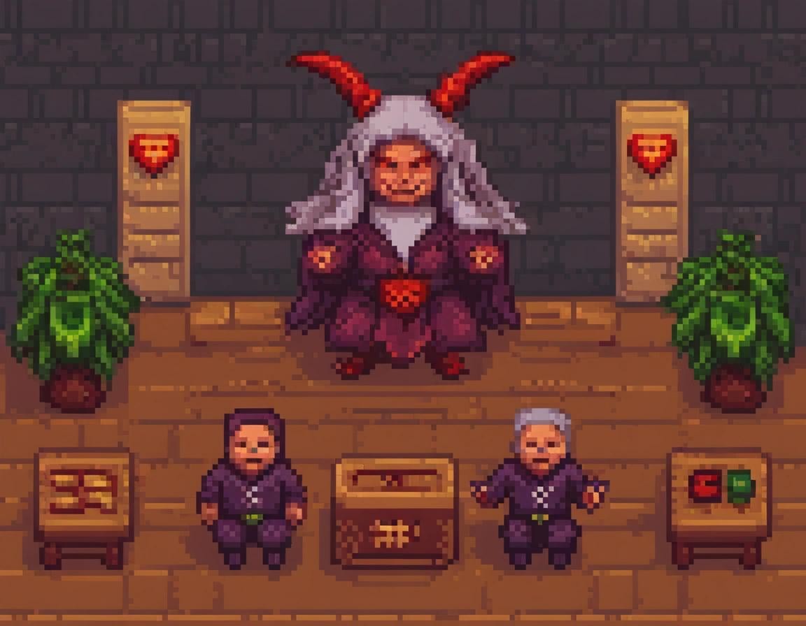 Image with seed 873602670 generated via Stable Diffusion through @stablehorde@sigmoid.social. Prompt: pixel-art, Salve, o puer! Ave Satanas! Vivant liberi domini nostri! , low-res, blocky, pixel art style, 16-bit graphics###sloppy, messy, blurry, noisy, highly detailed, ultra textured, photo, realistic