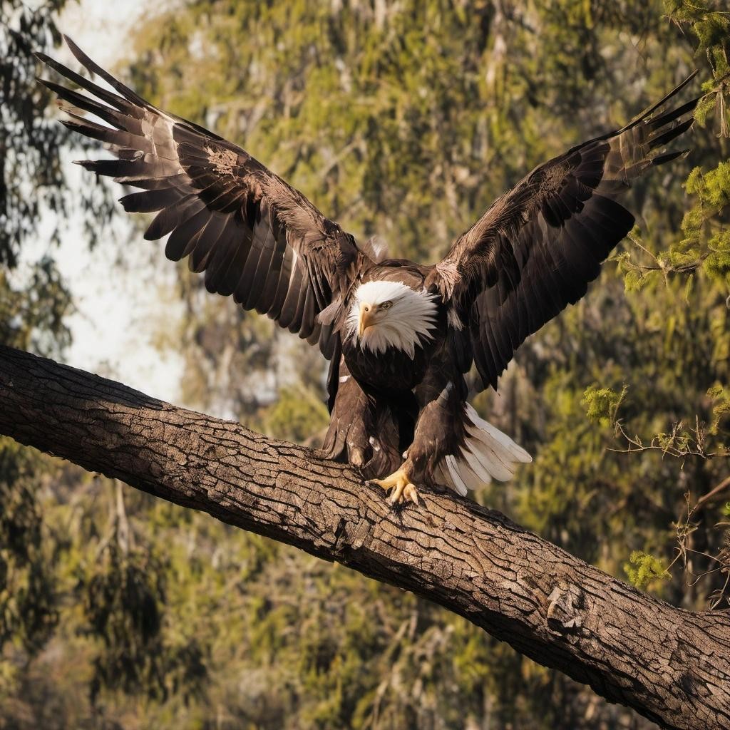 Image with seed 2906638059 generated via Stable Diffusion through @stablehorde@sigmoid.social. Prompt: an eagle, standing on a branch, sunbathing by spreading its wings and exposing them to the sunlight. 