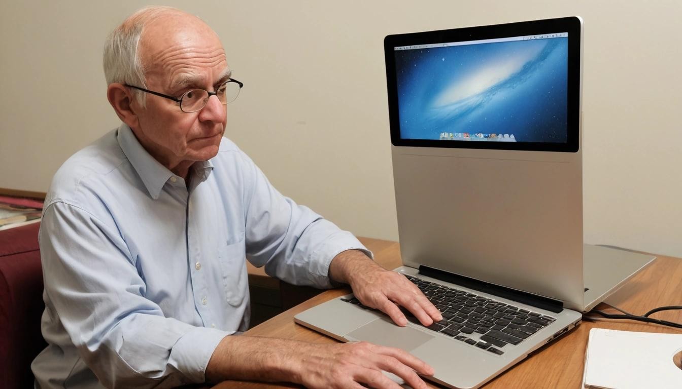 Image with seed 2837496642 generated via Stable Diffusion through @stablehorde@sigmoid.social. Prompt: an aging nerd sadly looking at an old macbook air which refuses to boot. 