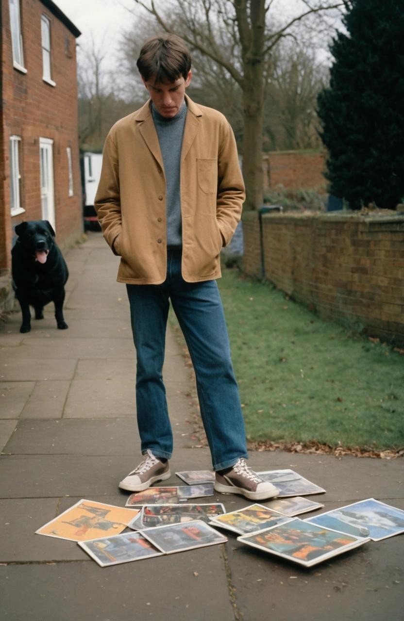 Image with seed 1849937617 generated via Stable Diffusion through @stablehorde@sigmoid.social. Prompt: ((A modern Tarot card)), Vintage record sleeve, a standing man looking down at his trainers, annoyed, british, 1990s brit pop, Oasis, blur, pulp, indie music, outside, exterior, a dog is (running in the background)###photorealistic, cute, modern, simple, anime, plain, vector, lowres, cropped, limneart, cgi, 3d, antique