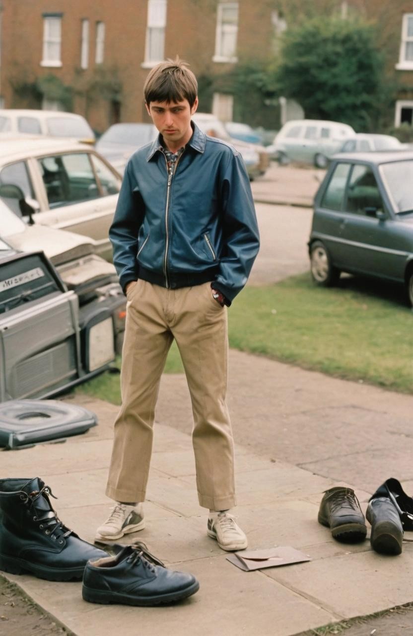 Image with seed 3789043024 generated via Stable Diffusion through @stablehorde@sigmoid.social. Prompt: A greeting card, Vintage record sleeve, a standing man looking down at his trainers, annoyed, british, 1990s brit pop, Oasis, blur, pulp, indie music, outside, exterior, a dog is (running in the background)###, lowres, cropped, cgi, pixelated