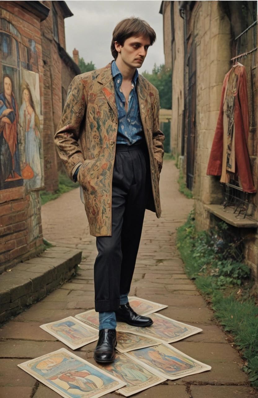 Image with seed 513048229 generated via Stable Diffusion through @stablehorde@sigmoid.social. Prompt: A hand-painted 15th century Visconti-Sforza style Trionfi Tarot card, antique painting of Vintage record sleeve, a standing man looking down at his trainers, annoyed, british, 1990s brit pop, Oasis, blur, pulp, indie music, outside, exterior, a dog is (running in the background), with name below, detailed painting###photorealistic, cute, modern, simple, anime, plain, vector, lowres, cropped, limneart, cgi, 3d