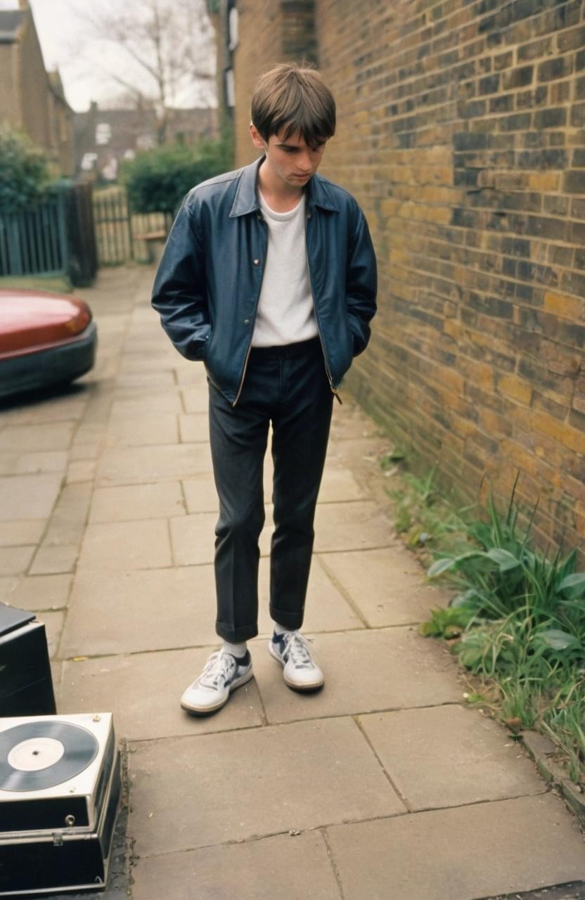 Image with seed 2519341205 generated via Stable Diffusion through @stablehorde@sigmoid.social. Prompt: A greeting card, Vintage record sleeve, a standing man looking down at his trainers, annoyed, british, 1990s brit pop, Oasis, blur, pulp, indie music, outside, exterior, a dog is crouched in the background###cards,deformed,distorted,lots of, lowres, cropped, cgi, pixelated