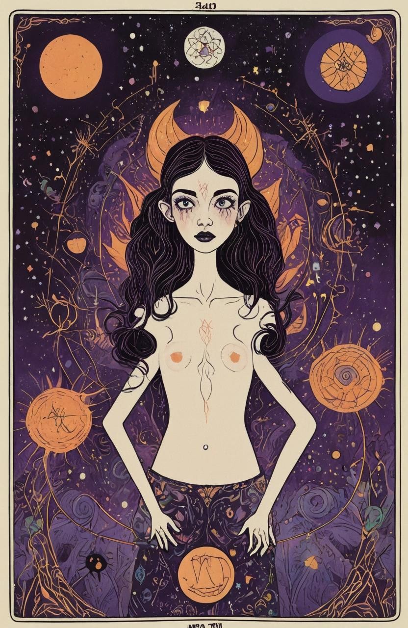 Image with seed 861608831 generated via Stable Diffusion through @stablehorde@sigmoid.social. Prompt: ((A modern Tarot card)), Manic Pixie Dream Girl ###photorealistic, cute, modern, simple, anime, plain, vector, lowres, cropped, limneart, cgi, 3d, antique