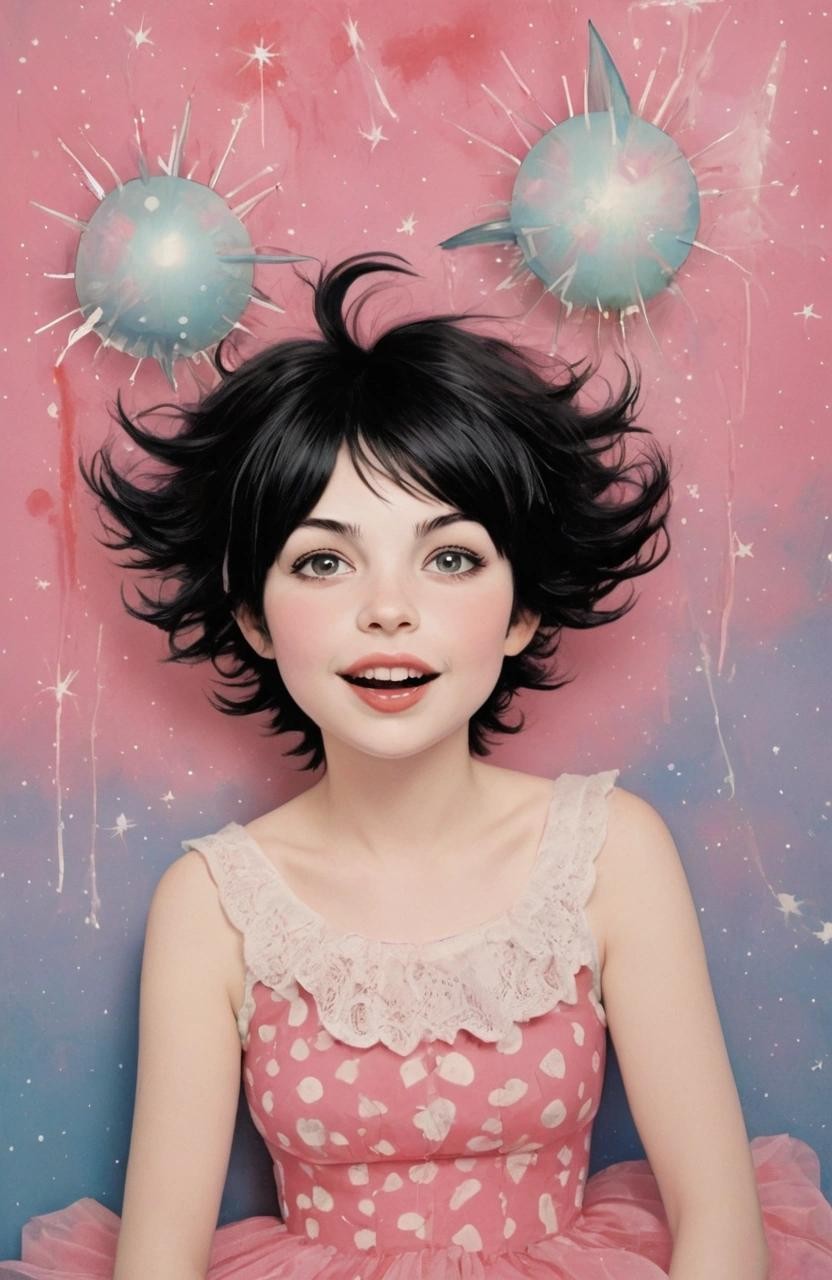 Image with seed 952585489 generated via Stable Diffusion through @stablehorde@sigmoid.social. Prompt: A greeting card, Manic Pixie Dream Girl ###, lowres, cropped, cgi, pixelated