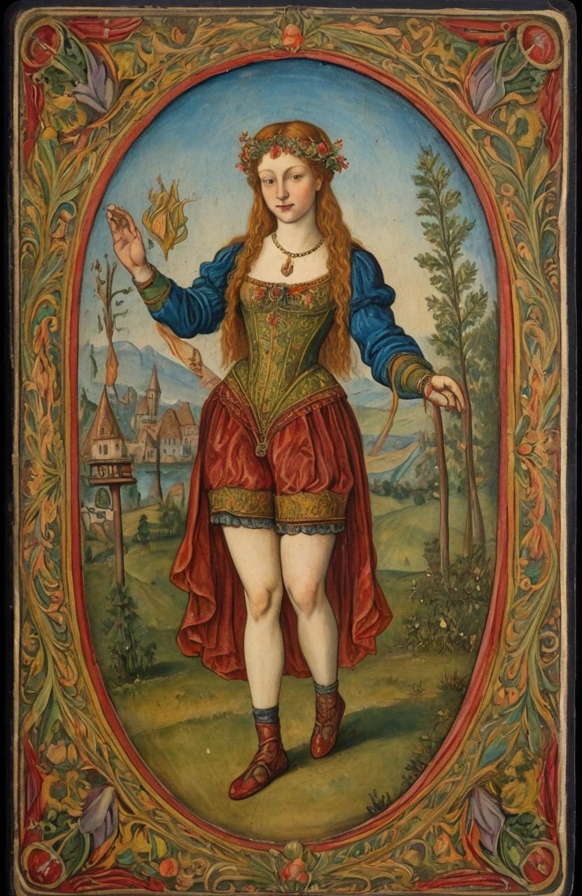 Image with seed 3669971562 generated via Stable Diffusion through @stablehorde@sigmoid.social. Prompt: A hand-painted 15th century Visconti-Sforza style Trionfi Tarot card, antique painting of Manic Pixie Dream Girl , with name below, detailed painting###photorealistic, cute, modern, simple, anime, plain, vector, lowres, cropped, limneart, cgi, 3d