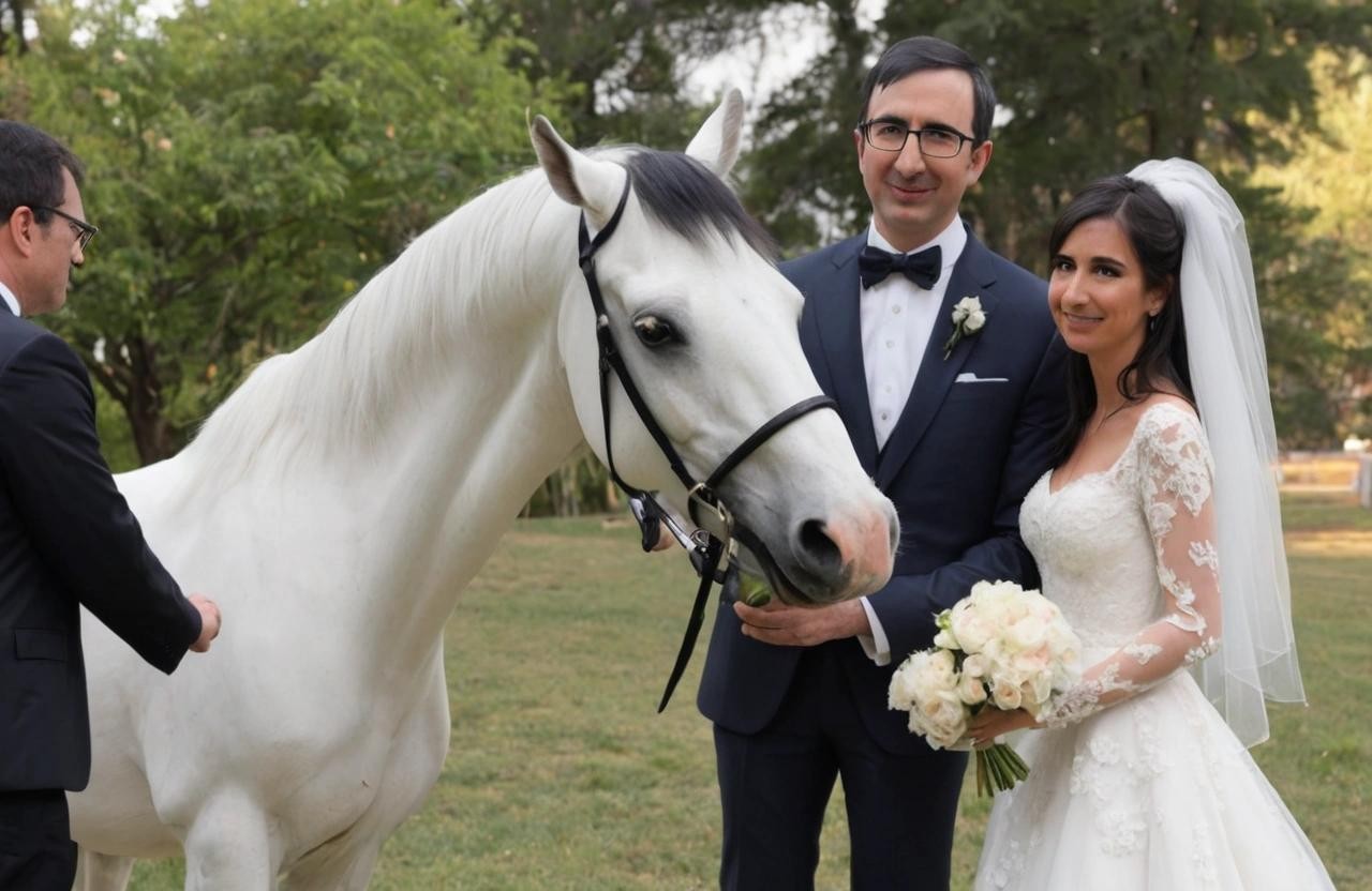 Image with seed 741231151 generated via Stable Diffusion through @stablehorde@sigmoid.social. Prompt: John Oliver getting married to a very hot horse 