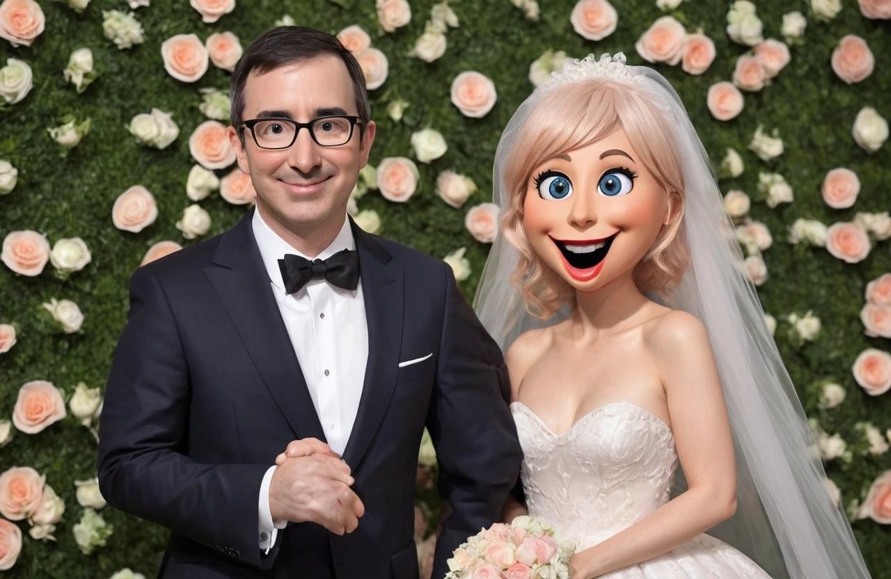 Image with seed 3336606875 generated via Stable Diffusion through @stablehorde@sigmoid.social. Prompt: John Oliver getting married to a peach with a humanoid cartoon face 