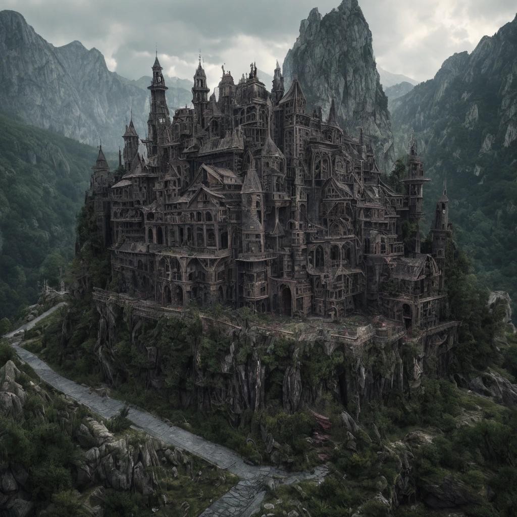 Image with seed 3005844546 generated via Stable Diffusion through @stablehorde@sigmoid.social. Prompt: a satanic monastery in the mountains. Surrealism, magic realism, fantasy, whimsical, weird, chaotic, very detailed 