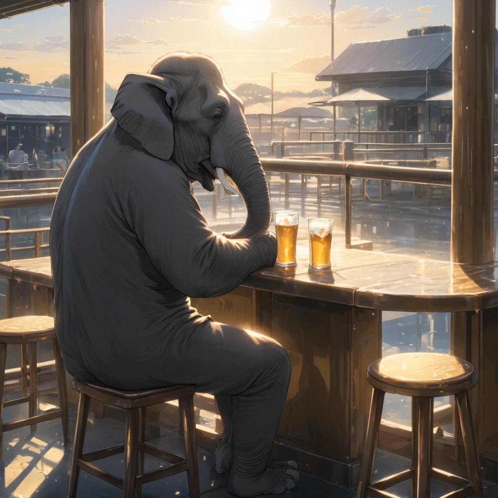 Image with seed 3743822868 generated via Stable Diffusion through @stablehorde@sigmoid.social. Prompt: an elephant drinking a cold beer. It's sitting in the only pub on the surface of the sun. , (manga artwork:1.1), drawn by Makoto Shinkai, (birthday theme:1.3)###, colorful,realistic, render, 3d, photographic