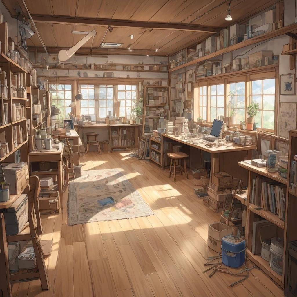 Image with seed 150875908 generated via Stable Diffusion through @stablehorde@sigmoid.social. Prompt: an art and crafts space. It's a very cozy room with wooden floors and all kinds of tools for crafts and arts. There are people working and vibing. , (manga artwork:1.1), drawn by Makoto Shinkai, (birthday theme:1.3)###, colorful,realistic, render, 3d, photographic