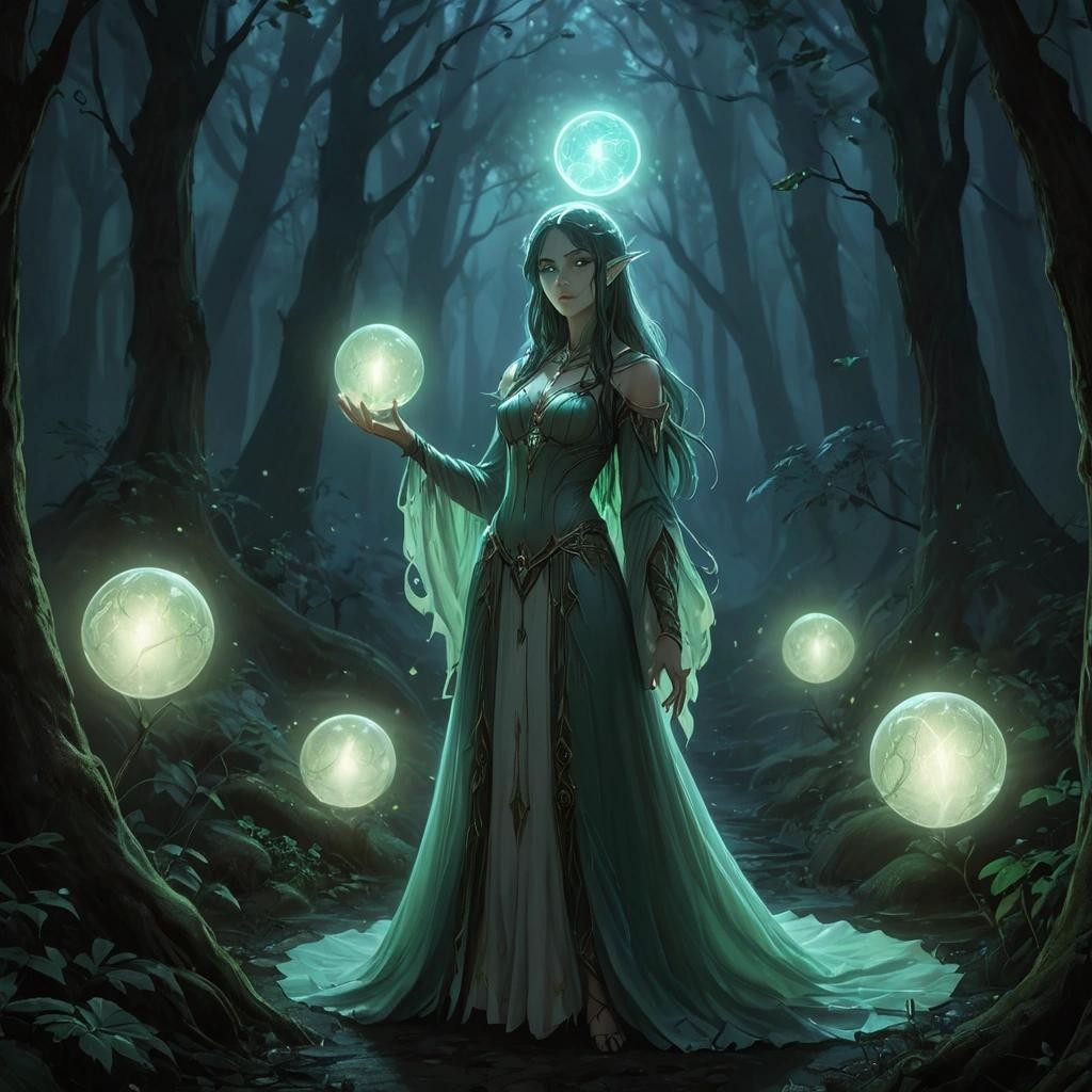 Image with seed 2642543417 generated via Stable Diffusion through @stablehorde@sigmoid.social. Prompt: Elven Priestess standing between two glowing orbs in a magical grove at night ###