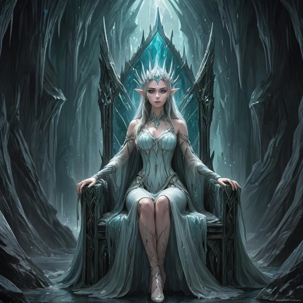Image with seed 3731779526 generated via Stable Diffusion through @stablehorde@sigmoid.social. Prompt: A crystal cave with an Elven Queen on a throne, pointy ears,(masterpiece), best quality, expressive eyes, perfect face ###