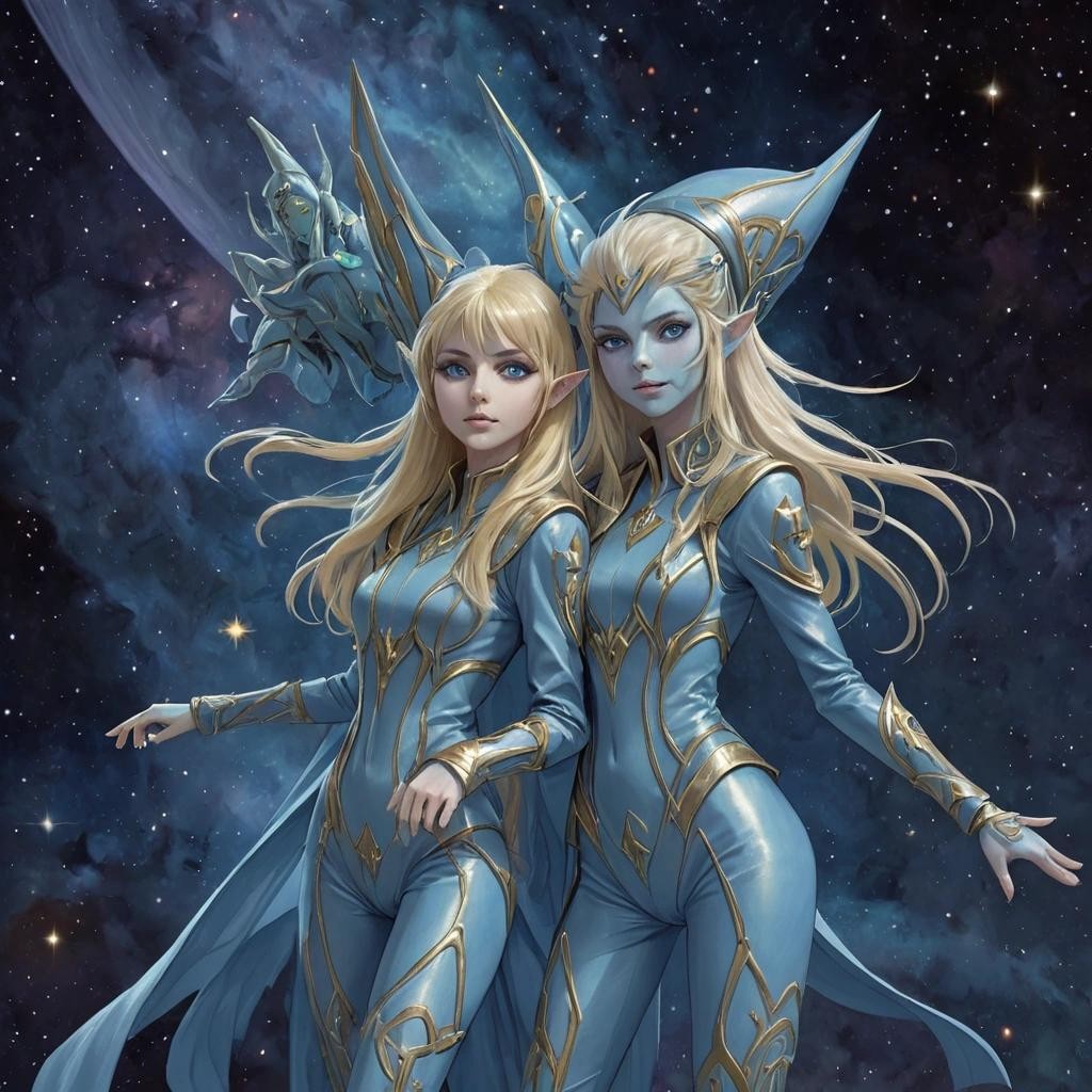 Image with seed 1793973641 generated via Stable Diffusion through @stablehorde@sigmoid.social. Prompt: Alien Space Elves on a mission, starship crew, pointy elf ears, blue skin, long golden hair, silver jumpsuit uniforms, whimsical, intricate, elfin, space fantasy, scifi, nebula, stars, outer space ###