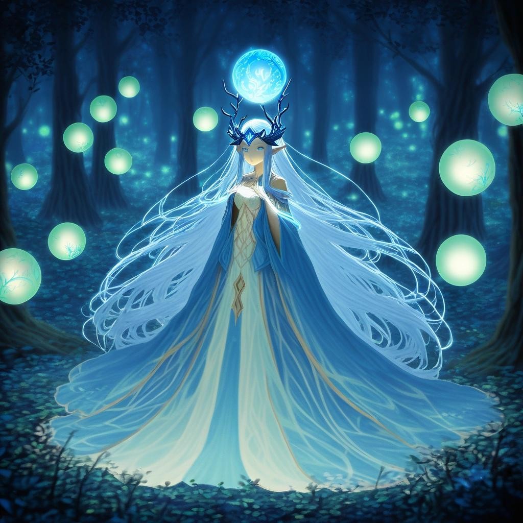 Image with seed 2252136010 generated via Stable Diffusion through @stablehorde@sigmoid.social. Prompt: Elven Priestess standing between two glowing orbs in a magical grove at night ###aidxlv05_neg,