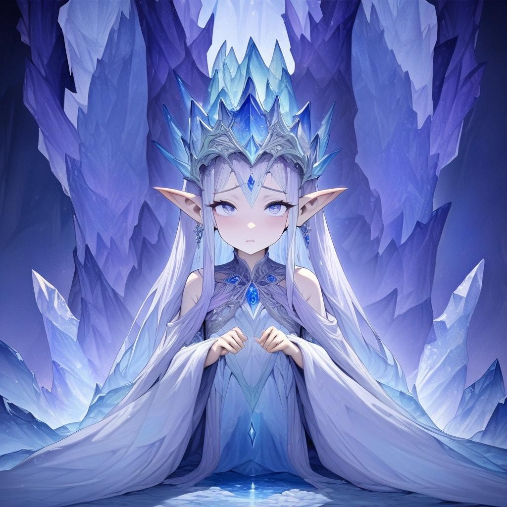 Image with seed 74202517 generated via Stable Diffusion through @stablehorde@sigmoid.social. Prompt: A crystal cave with an Elven Queen on a throne, pointy ears,(masterpiece), best quality, expressive eyes, perfect face ###aidxlv05_neg,