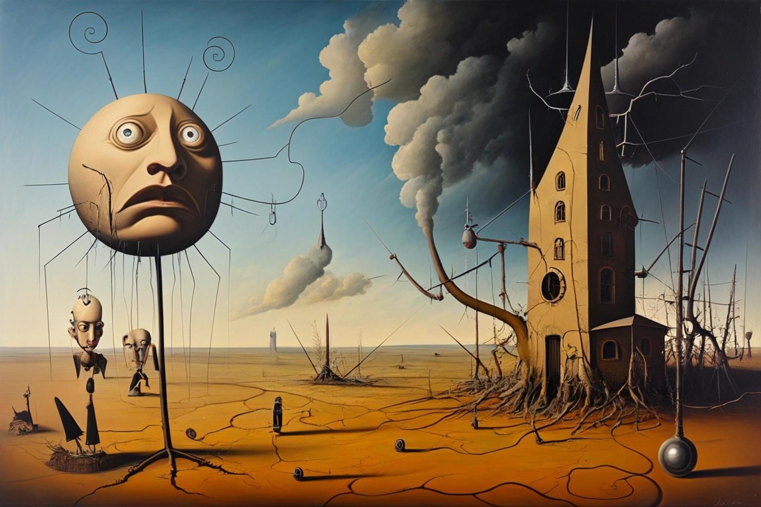 Image with seed 2738874774 generated via Stable Diffusion through @stablehorde@sigmoid.social. Prompt: The American Nightmare, surrealism, dada, elektrodada, oil on canvas, Yves Tanguy, Salvador Dali, Jacek Jerka, Gediminas Pranckevicius, Hieronymus Bosch 