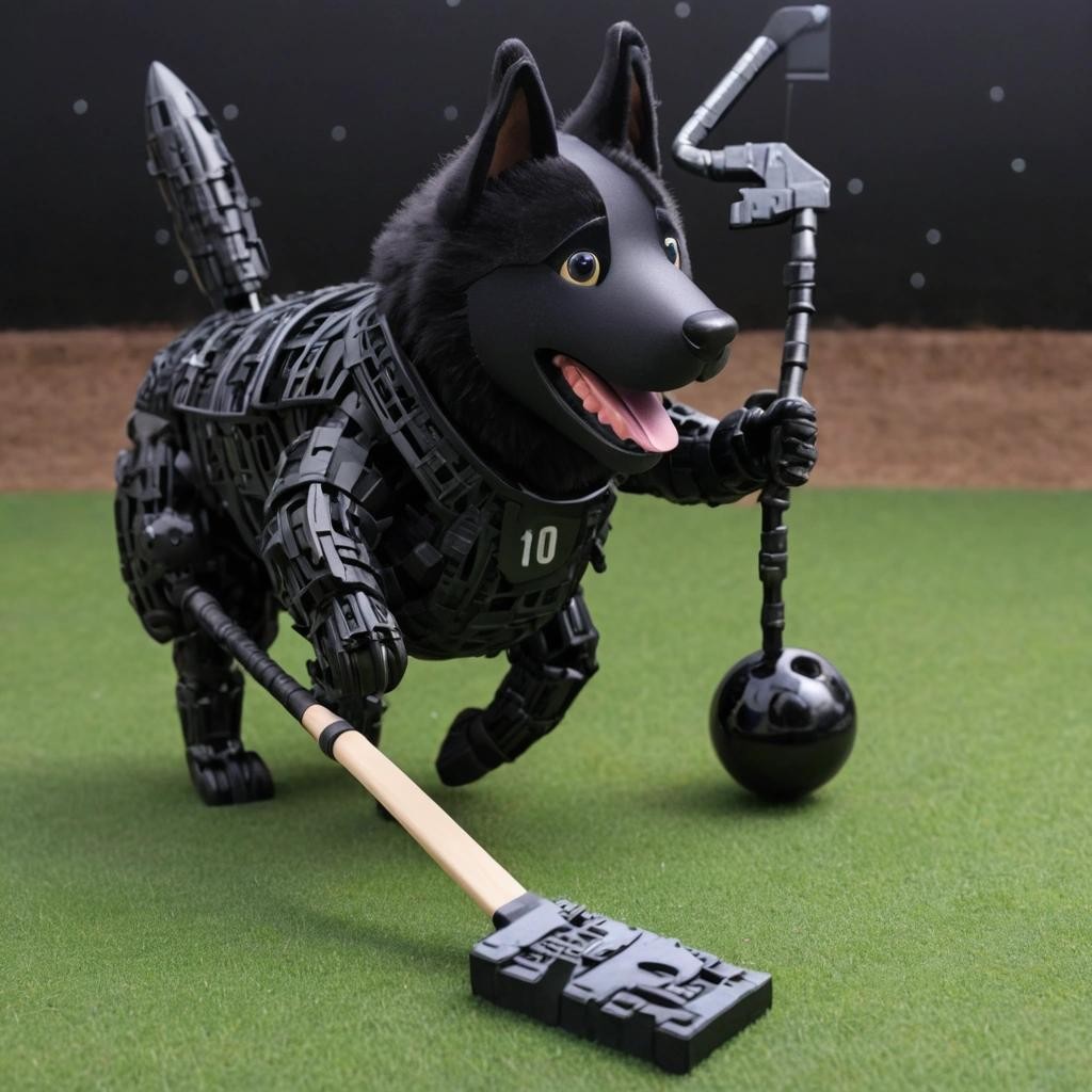 Image with seed 1493756242 generated via Stable Diffusion through @stablehorde@sigmoid.social. Prompt: An robotic (artificial intelligence:1.1) an all black German shepherd dog playing lacrosse in , birthday theme, (the words "1 year":1.35), science fiction