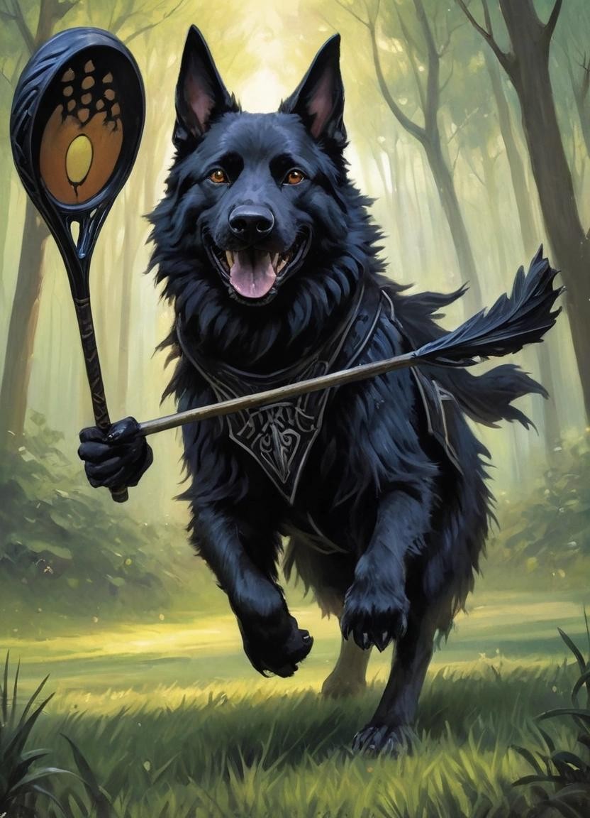 Image with seed 453147440 generated via Stable Diffusion through @stablehorde@sigmoid.social. Prompt: A mtg magic the gathering card, painting of fantasy creature. description, an all black German shepherd dog playing lacrosse in , mtg magic the gathering style###, lowres, cropped, cgi, pixelated, photorealistic, 3d render