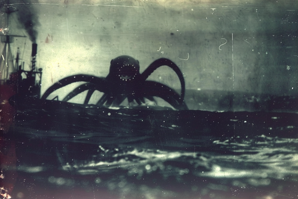 A giant octopus-like creature with many teeth lumbers ashore near an oil refinery