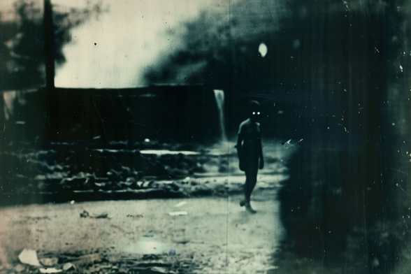 A woman with glowing eyes turns to look at the viewer as she walks down a road
