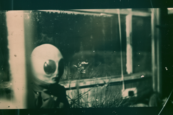 A grey with large hairless head, huge black lidless eyes and a slit mouth stands outside a house window