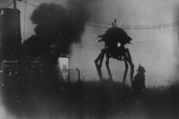 A large 5-legged robot or vehicle stands guard in a suburban area