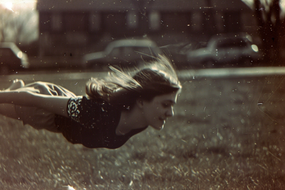 A young woman floats in horizontal position low above a grass park in suburbia, a look of joy on her face