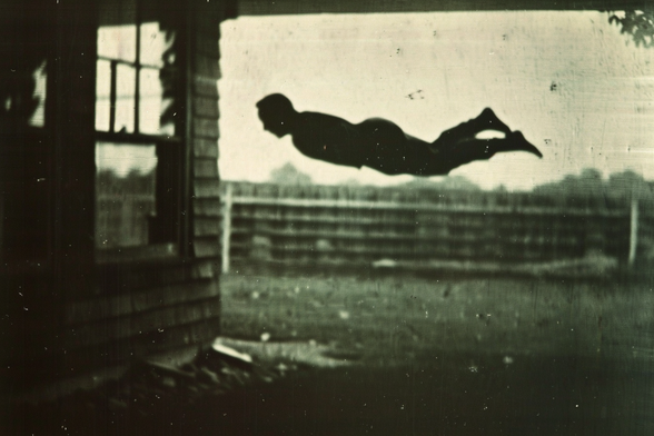 A silhouette of a man who is hovering horizontally beneath a wide veranda